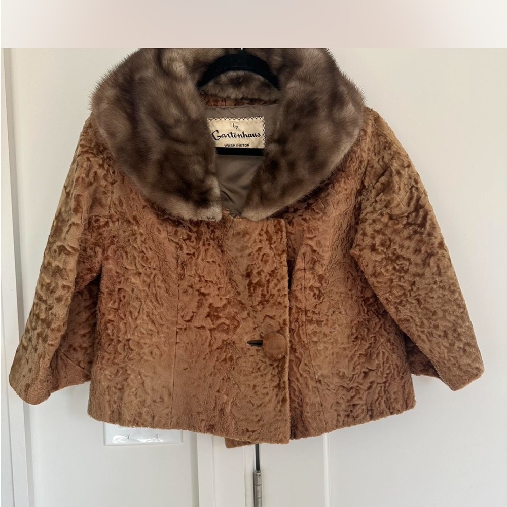 Elegant Brown Lamb Fur Vintage Bracelet Sleeve Coat designed by Jean Patou